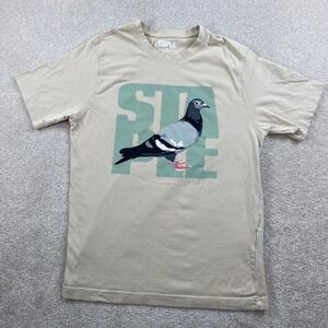 Staple Pigeon Graphic T-Shirt Mens Small Tan Green Streetwear Crewneck Cotton